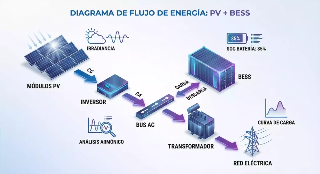 Diagrama de flujo de energía PV + BESS