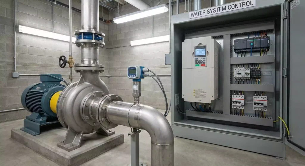 Bomba + variador de frecuencia (VFD) + sensor de presión + tablero de control.